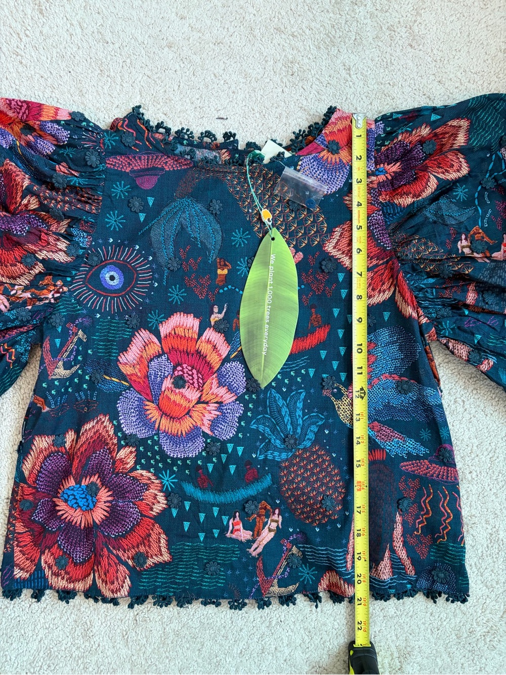 Farm Rio NWT Teal River Creatures Puff Sleeve Blouse Floral Embroidered Size S - Picture 14 of 15
